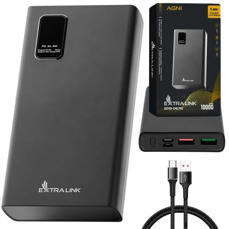 Extralink EPB-067B 10000mAh Czarny Powerbank Power bank, Fast Charging, USB-C