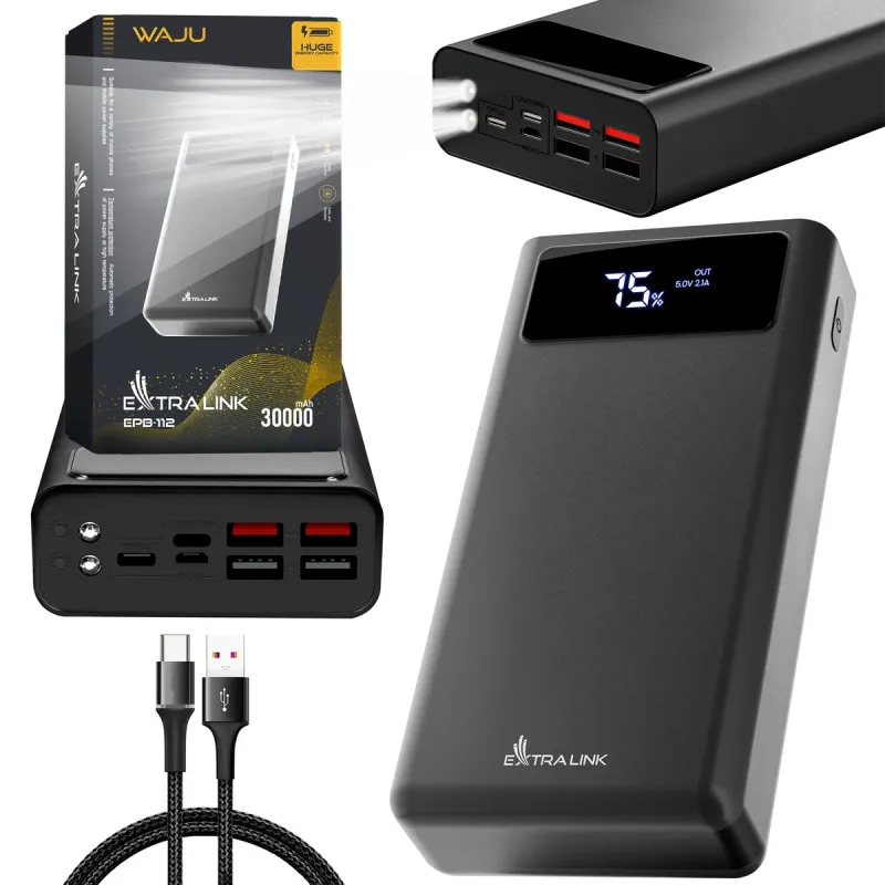 Extralink EPB-112 30000mAh Powerbank Siyah, USB-C Şarj Cihazı