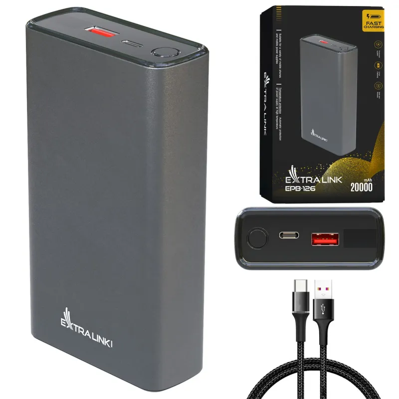 Power Bank Extralink EPB-126 20000mAh Серебристый, 45W PD, USB-C