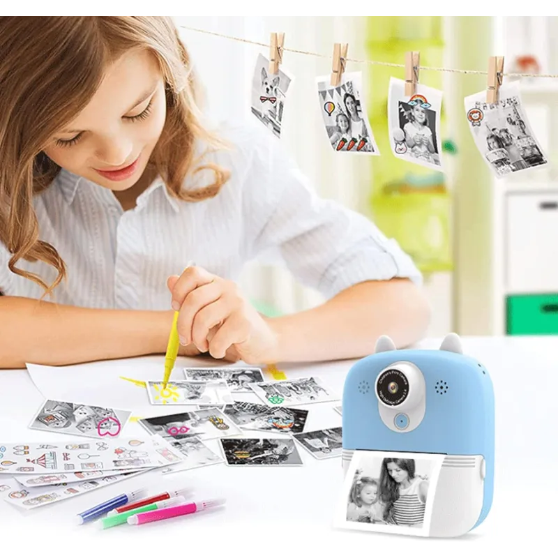 Extralink EPP-004 Blau Mini-Thermodrucker mit Kamera 3 Rollen Thermopapier, 2,5-Zoll-LCD-Bildschirm, Bluetooth, USB-C, 1000 mAh