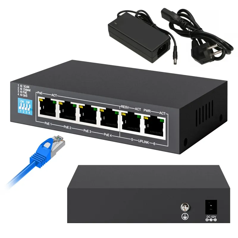 Extralink EUROS V2 PoE Anahtarı, 4x 100Mb/s PoE/PoE+, 2x RJ45 Uplink 100Mb/s, 60W