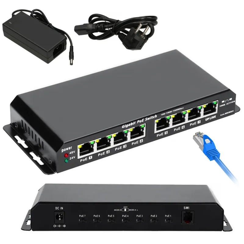 Extralink KRATOS Switch PoE 7x Gigabit PoE, 1x Uplink RJ45, Zasilacz 24V 2.5A, Moc 60W