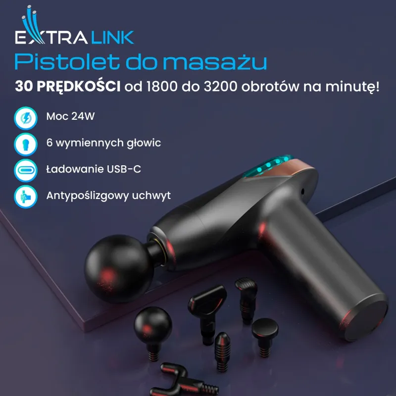 Extralink Massage Gun Lite Pistolet do masażu 3200 RPM, 6 końcówek wymiennych