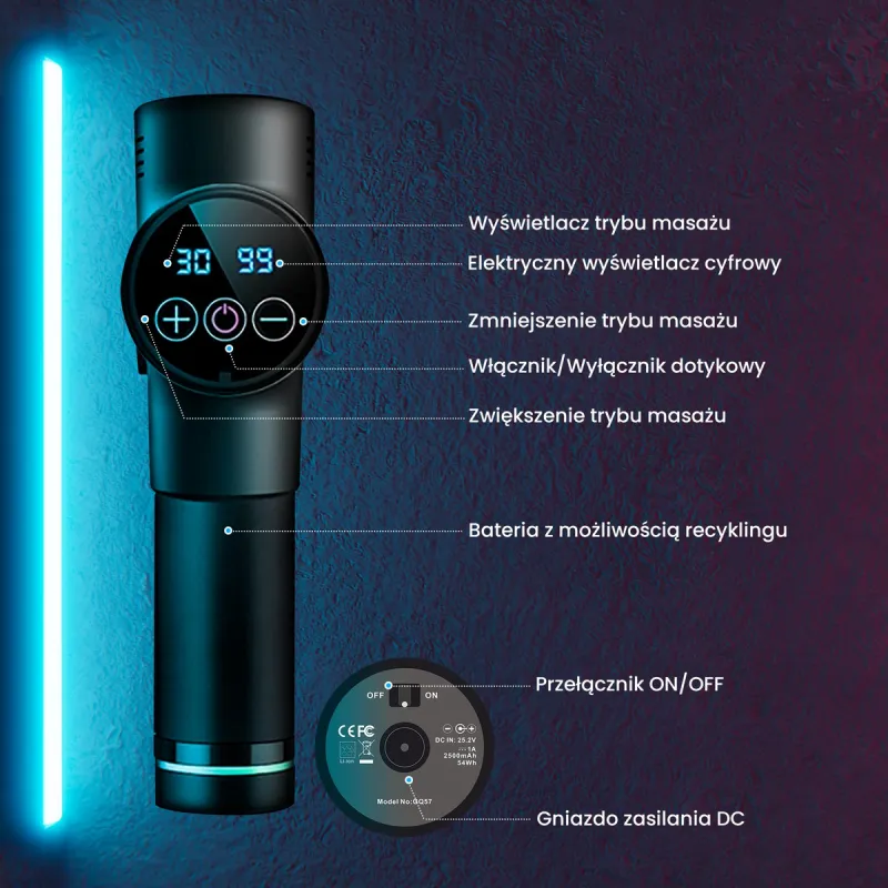 Extralink Massage Gun Pro Masážní pistole 3800 ot./min., 6 výměnných hrotů