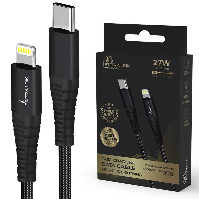 Extralink Smart Life USB Type-C to Lightning Cable Braided Black | USB-C to Lightning Cable | 27W, 200cm