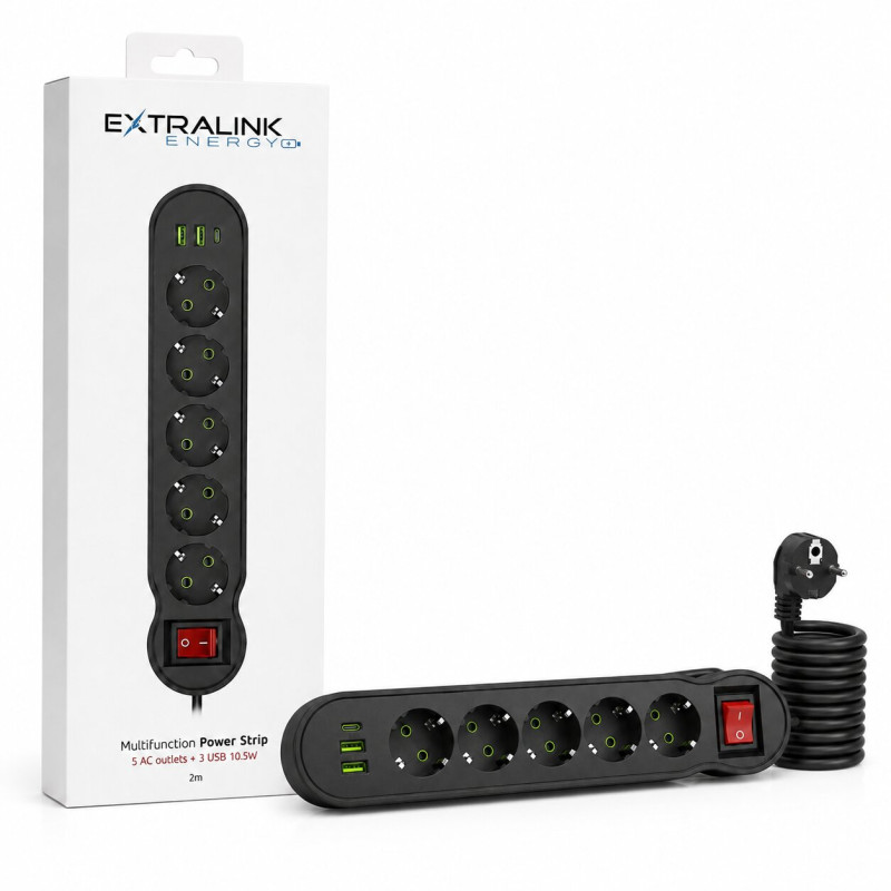 Extralink SmartLife E503-5P | Listwa zasilająca | 5 gniazd, 2x USB, 1x PD USB-C, 2500W, 10A, 110V-250V