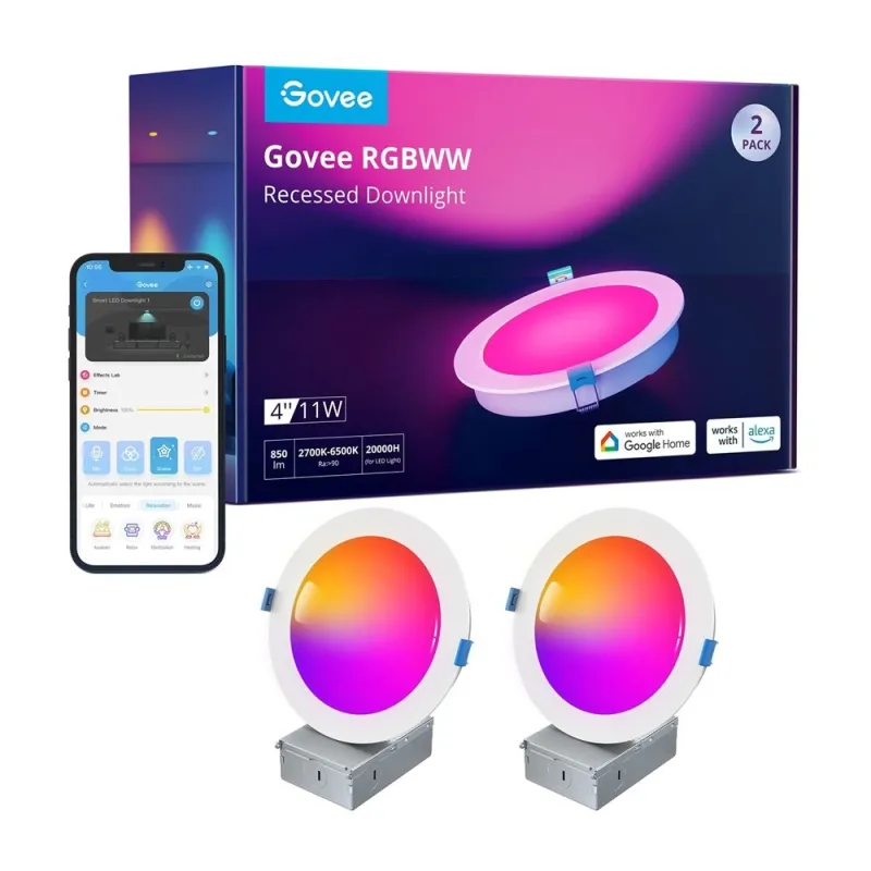 Govee B601B Smart LED Recessed Lights 2-Pack Oprawa sufitowa LED 4 cale, RGBWW, Wi-Fi, Bluetooth