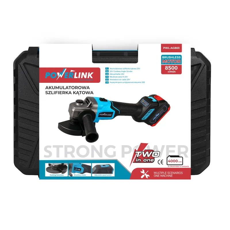 EXTRALINK POWERLINK AKUMULATOROWA SZLIFIERKA KĄTOWA AG803 Z RĄCZKA 8500RPM 2X4AH PWL-AG803