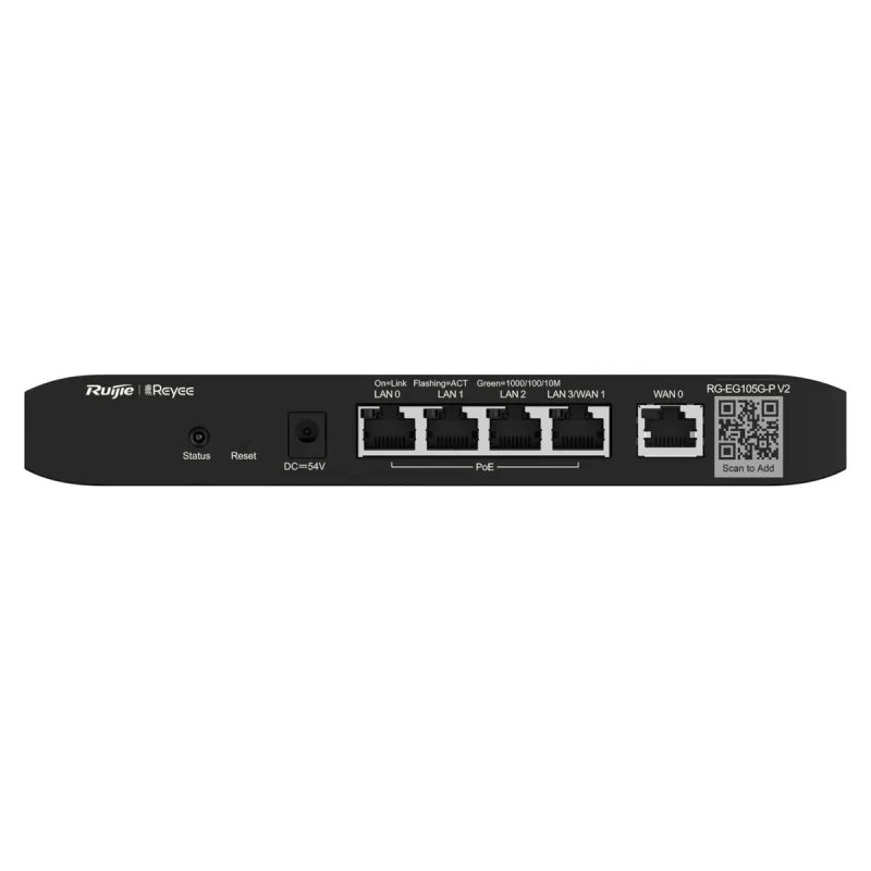 Ruijie Reyee RG-EG105G-P V2 Router, 5x RJ45 1000Mb/s, 4x PoE+, 54W, 100 Kullanıcı, Bulut Yönetimi