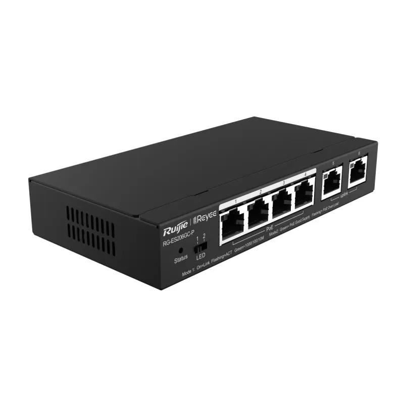 Ruijie Reyee RG-ES206GC-P Switch, 6x RJ45 1000Mb/s, 4x PoE+, 2x Uplink, 54W, Cloud-Verwaltung