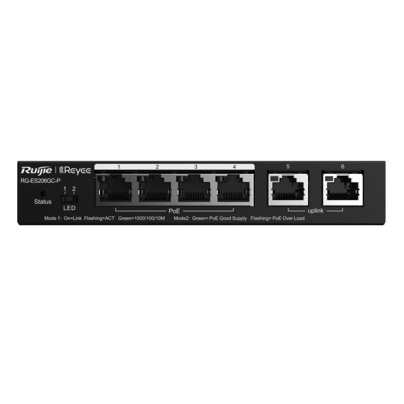 Ruijie Reyee RG-ES206GC-P Anahtar, 6x RJ45 1000Mb/s, 4x PoE+, 2x Uplink, 54W, Bulut Yönetimi