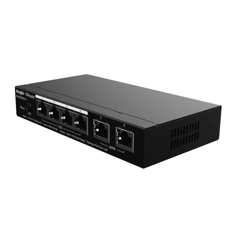 Switch Ruijie Reyee RG-ES206GC-P, 6x RJ45 1000Mb/s, 4x PoE+, 2x Uplink, 54W, Gestione Cloud