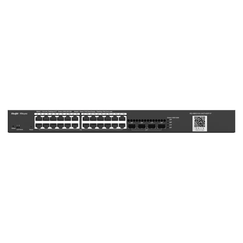 Switch Ruijie Reyee RG-NBS3100-24GT4SFP-P, 28x RJ45 1000Mb/s, 24x PoE+, 2x SFP, 370W, Gestione Cloud, Livello 2