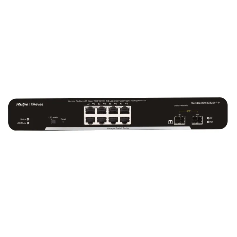 Switch Ruijie Reyee RG-NBS3100-8GT2SFP-P, 10x RJ45 1000Mb/s, 8x PoE+, 2x SFP, 125W, Cloud-Management, Layer 2