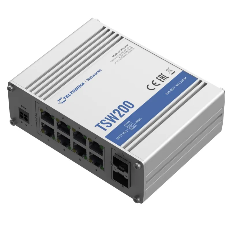 Teltonika TSW200 | Interruttore PoE+ | 8x RJ45 1000Mb/s PoE+, 2x SFP, 240W