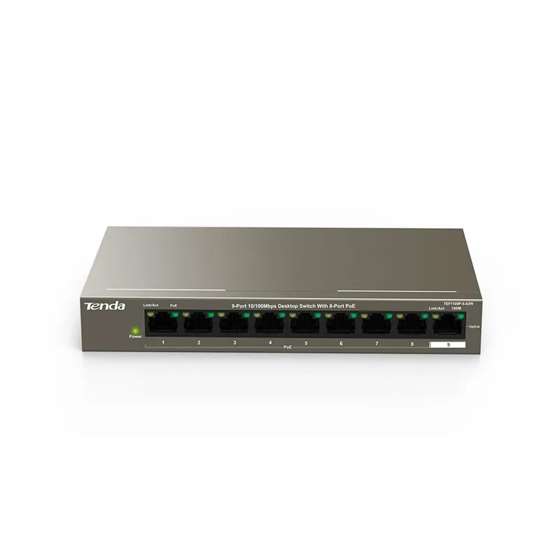 Switch Tenda TEF1109P-8-63W, 8x RJ45 100Mb/s PoE, 1x RJ45 100Mb/s uplink, 58W