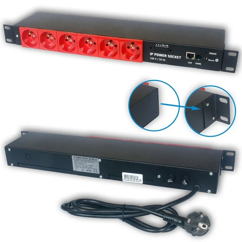 Tinycontrol 6G10A V2 | Regleta | IP, Rack 19'', 6x AC 230V enchufes, red