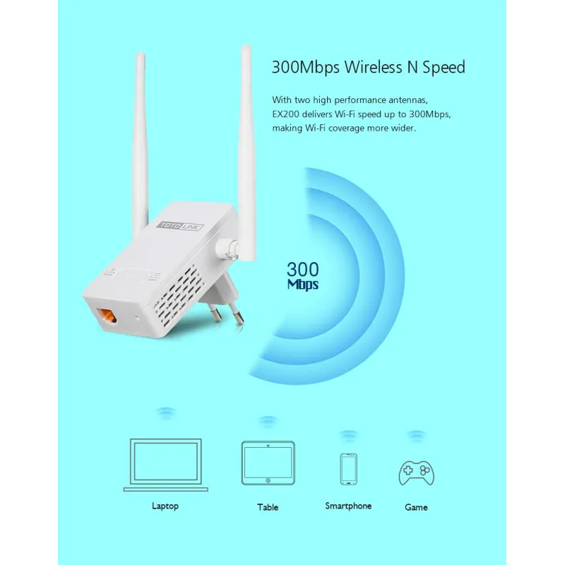 Усилитель сигнала WiFi Totolink EX200, 300Mb/s, 2.4GHz, 1x RJ45 100Mb/s, 2x 4dBi