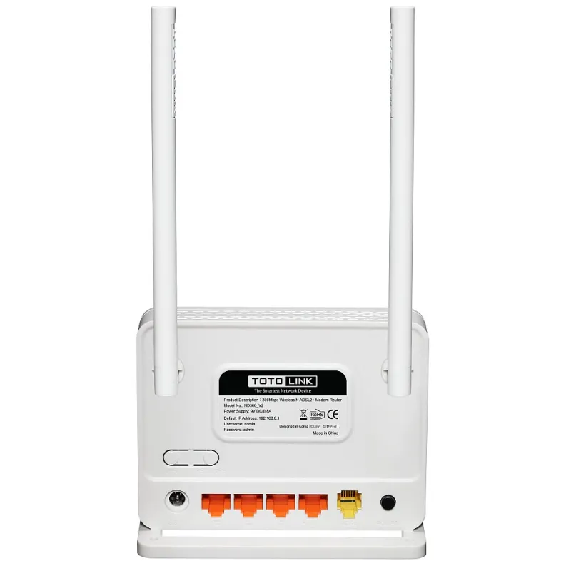Роутер WiFi Totolink ND300 V2, 300Мбит/с, 2,4ГГц, 3x RJ45 100Мбит/с, 1x RJ11, ADSL2/2+, 2x 5dBi