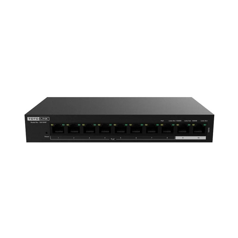 Коммутатор PoE Totolink SW1008P, 8x RJ45 100Mb/s PoE af/at, 2x RJ45 1000Mb/s, 99W