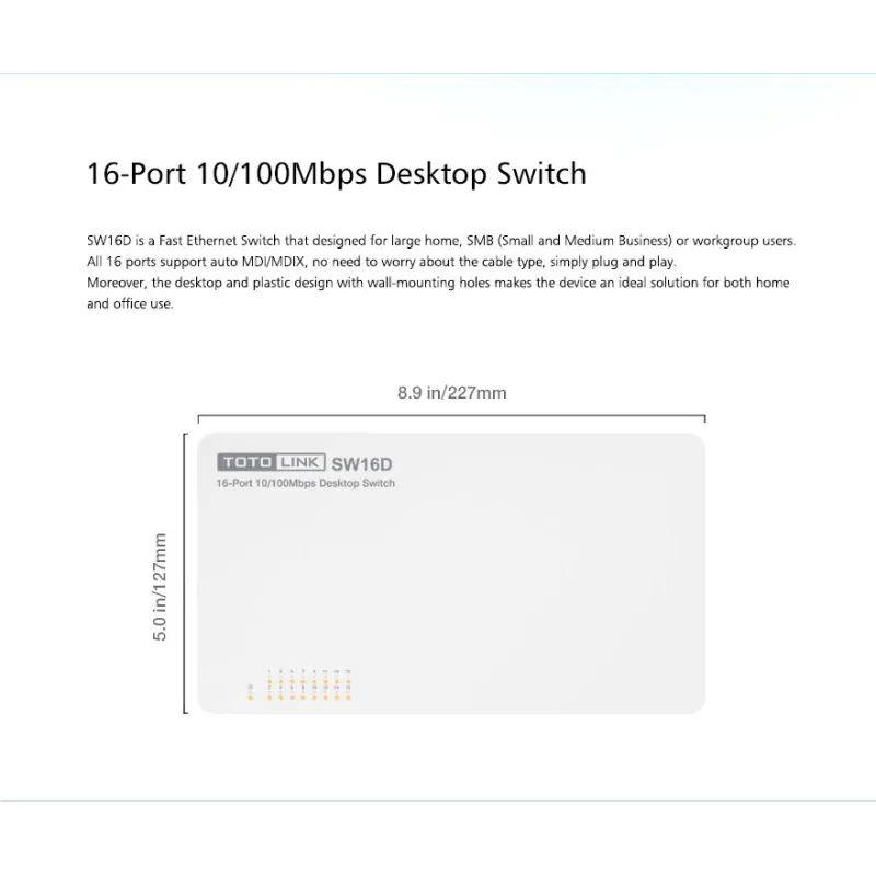 Totolink SW16D | Switch | 16x RJ45 100Mb/s, Desktop, No gestionado