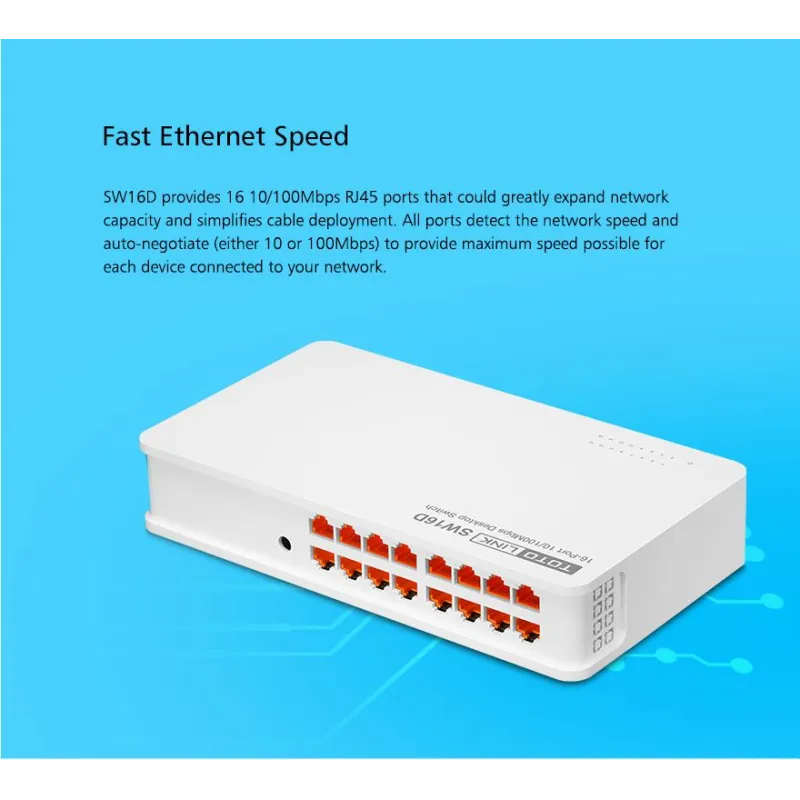 Коммутатор Totolink SW16D, 16x RJ45 100Mb/s, настольный корпус, не управляемый