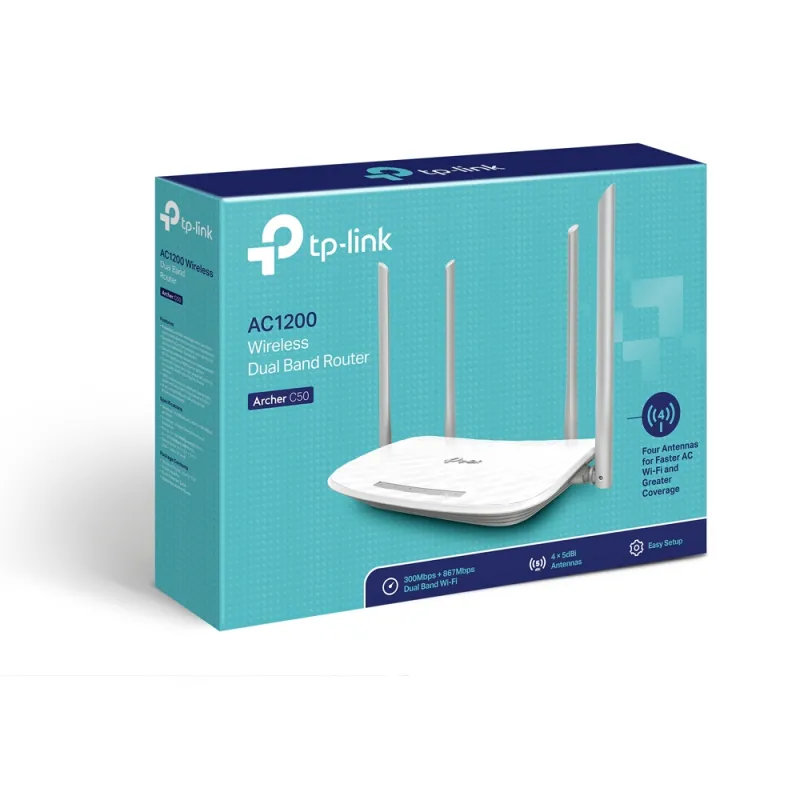 TP-Link Archer C50 AC1200 Çift Bant WiFi Yönlendirici, 5x RJ45 100Mb/s