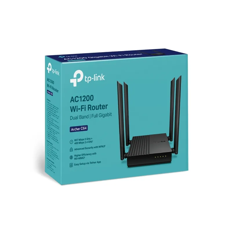 TP-Link Archer C64 | WiFi-роутер | AC1200 Wave2, MU-MIMO, двухдиапазонный, 5x RJ45, 100 Мбит/с