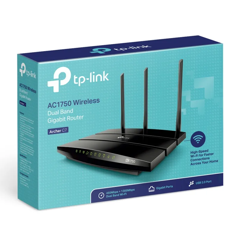 TP-Link Archer C7 WiFi Router, AC1750, Dual Band, 5x RJ45 1000Mb/s, 1x USB