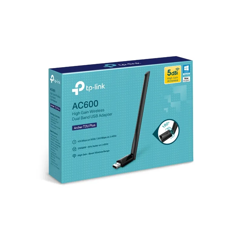TP-Link Archer T2U Plus | Adaptador WiFi USB | AC600, Dual Band, 5dBi