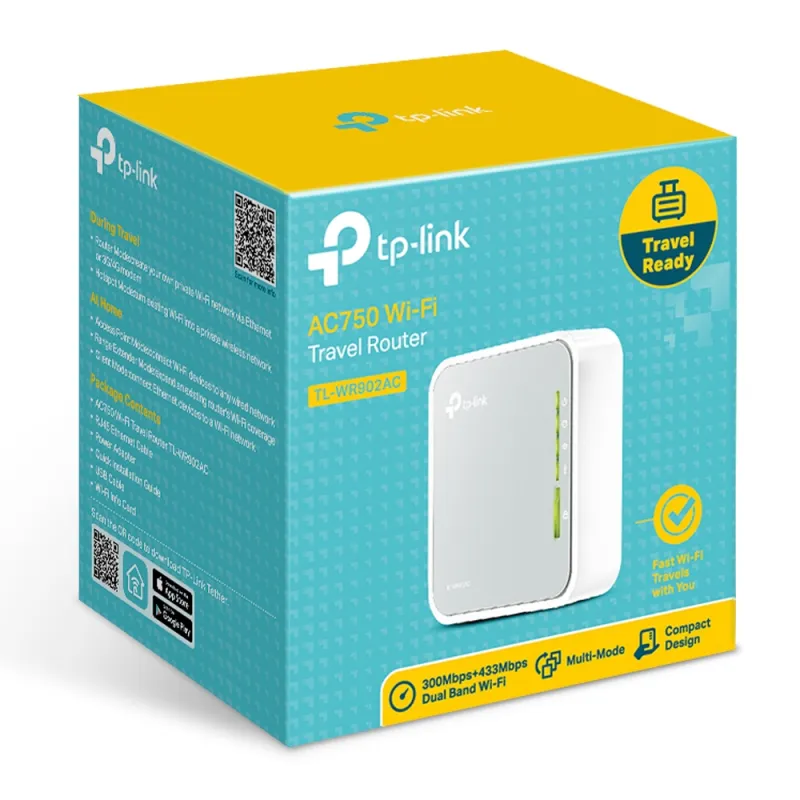 Маршрутизатор TP-Link TL-WR902AC WiFi, 2.4GHz, 5GHz, AC750, 1x RJ45 100Мбит/с, 1x USB