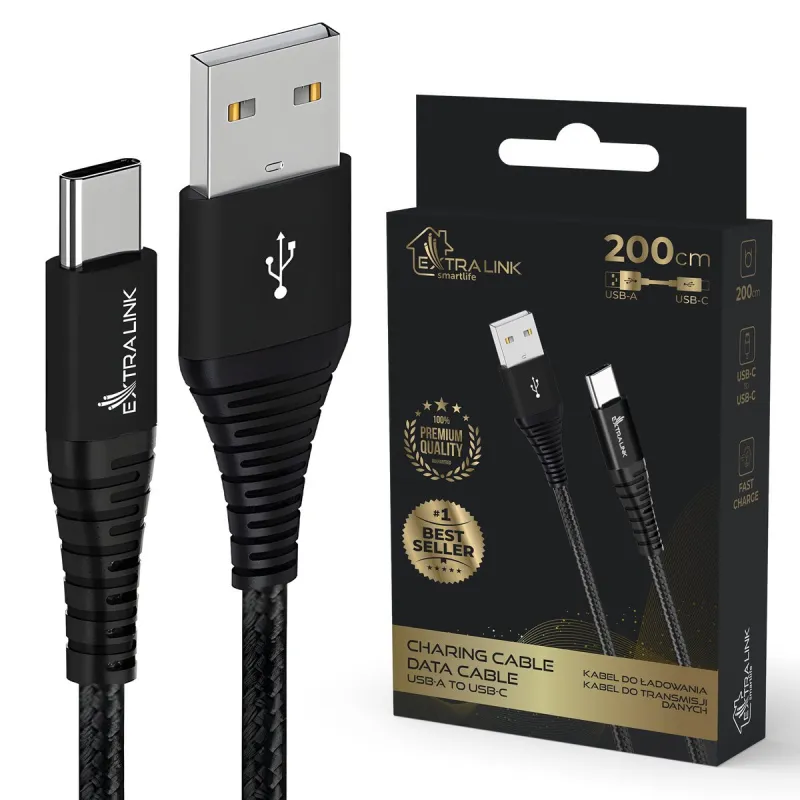 Extralink Smart Life 15W Örgü USB Kablosu Type-A'dan Type-C'ye 2m Siyah, 5V 3A