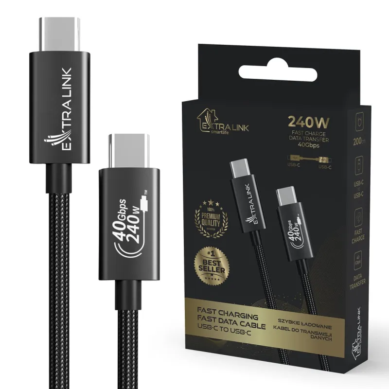 Cabo Extralink Smart Life USB Type-C para Type-C trançado Preto, 240W, 40Gbps, 200cm