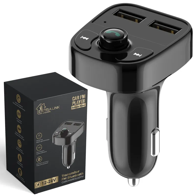 Extralink Smart Life, şarj işlevli araç FM vericisi, 2x USB-A, Siyah