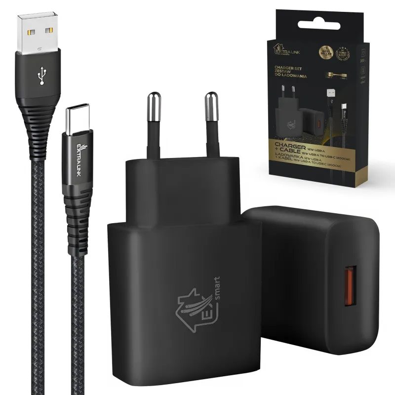 Extralink Smart Life, набор USB Type-A to Type-C, 200cm, Черный + зарядное устройство 12W, Черная