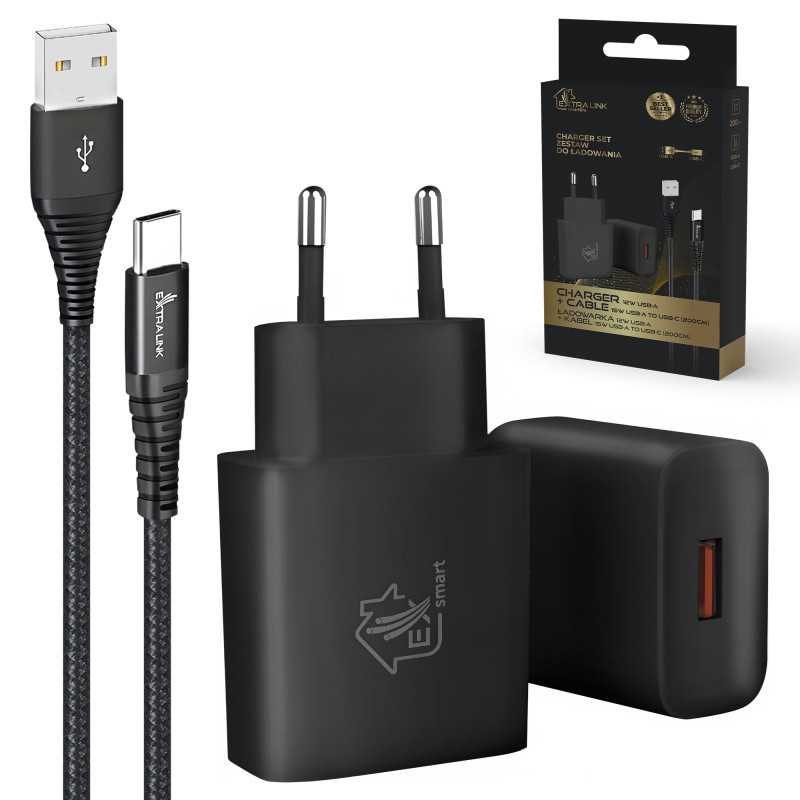 Extralink Smart Life, USB Type-A'dan Type-C'ye set, 200cm, Siyah + 12W şarj cihazı, Siyah