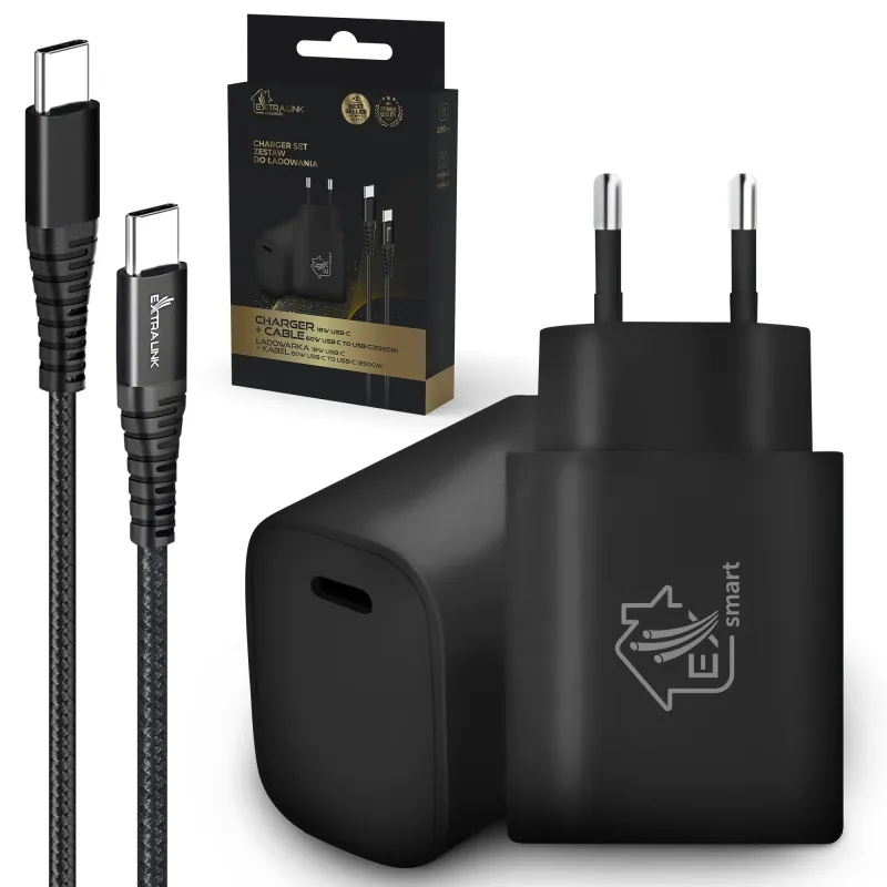 Conjunto USB Type-C para Type-C, 200cm, Preto + Carregador 18W PD3.0 Extralink Smart Life, Preto