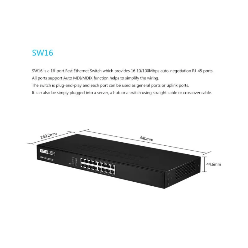 Switch Totolink SW16, 16x RJ45 100Mb/s, Rack Montáž, Nezpravovaný - Obrázek 6