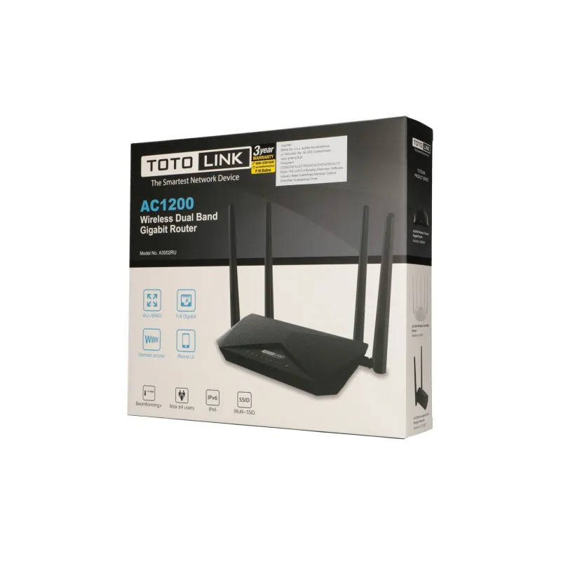 Totolink A3002RU WiFi Yönlendirici, AC1200, Çift Bant, MU-MIMO, 5x RJ45 1000Mb/s, 1x USB - Görsel 10