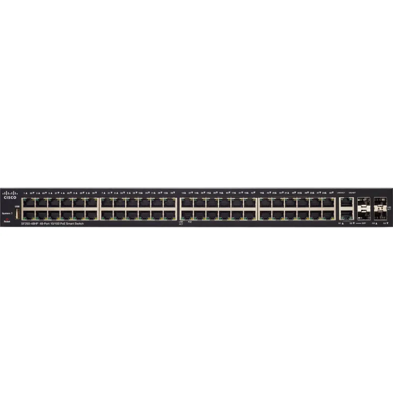Cisco SF250-48HP Anahtarı, 48x 100Mb/s PoE/PoE+, 2x 1Gb/s Combo + 2x SFP, PoE 195W, Yönetilebilir - Görsel 2