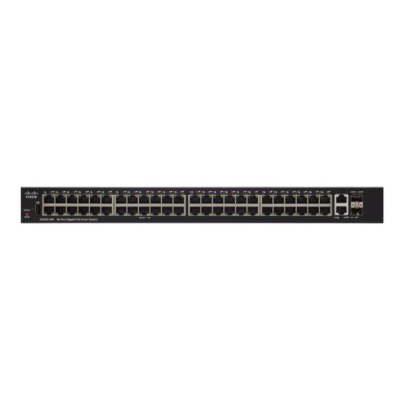 Коммутатор PoE Cisco SG250-50P, 48x 1000Mb/s PoE/PoE+, 2x 1Gb/s Combo, PoE 375W, Управляемый - Изображение 2
