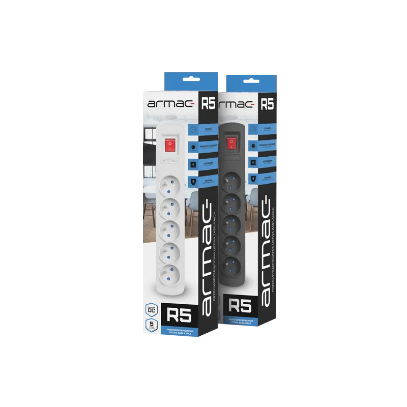 Armac R5 Surge Protector Power Strip, 5 Outlets, 5m Cable, Gray - Image 3
