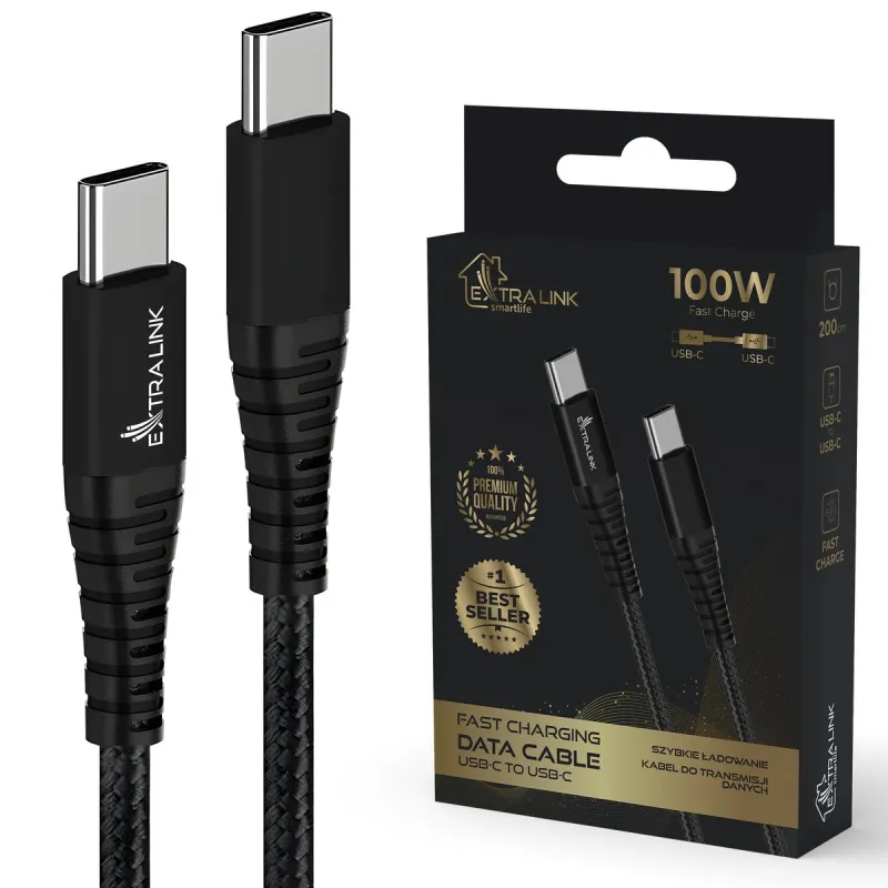 Extralink Smart Life Braided USB Type-C Cable 100W USB Type-C to Type-C 2m Black, 480 Mbps, 20V 5A
