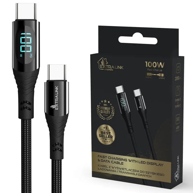 Cabo USB-C Extralink Smart Life USB Type-C para Type-C trançado Preto com display LED, 100W, 200cm