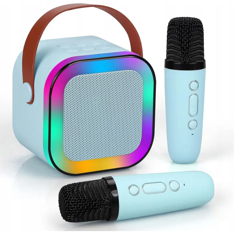Extralink Kids Mini Karaoke Seti LED Hoparlör 2x Mikrofona Mavi, Bluetooth, AUX, Bellek Kartı Yuva, RGB Aydınlatma