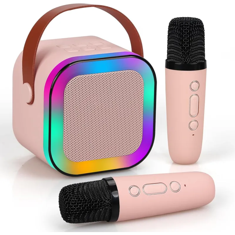 Extralink Kids Mini Karaoke Set LED Lautsprecher 2x Mikrofon Pink, Bluetooth, AUX, Micro SD-Kartensteckplatz, RGB-Beleuchtung