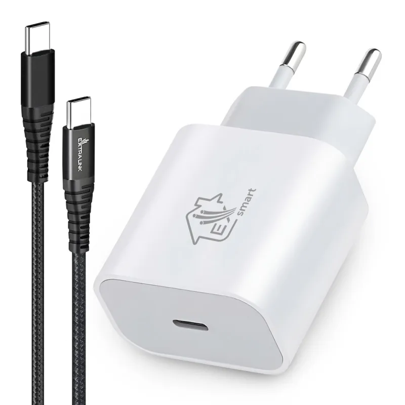 Sada Extralink Smart Life Nabíječka 20W 1x USB-C + Kabel USB-C - USB-C 100W, 200 cm