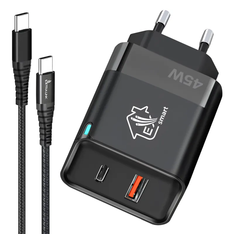Sada Extralink Smart Life Nabíječka 45W GaN 1x USB-C 1x USB-A + Kabel USB-C na USB-C 100W, 200 cm
