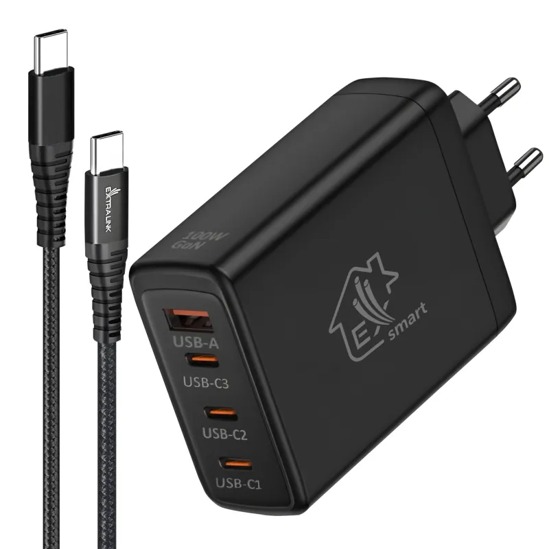 Conjunto Extralink Smart Life Cargador GaN de 100W con 3x USB-C y 1x USB-A + Cable USB-C a USB-C de 100W - 200 cm