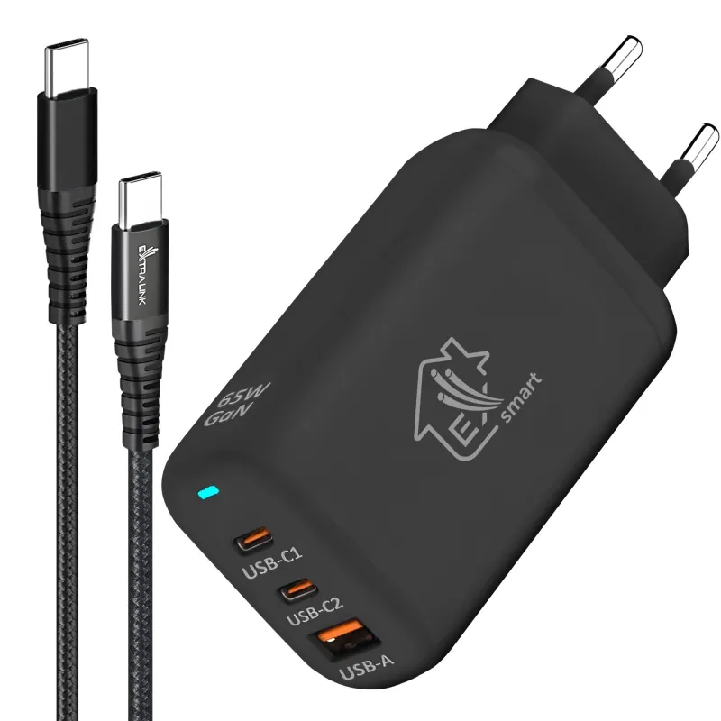 Set Extralink Smart Life Cargador 65W GaN 2x USB-C 1x USB-A + Cable USB-C a USB-C 100W, 200 cm